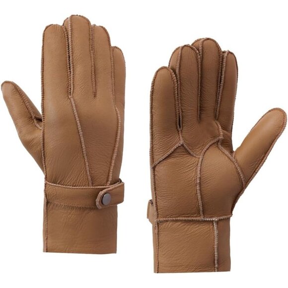 Men's Camel Winter Cold Air Shearling Sheepskin Leather Gloves With Fur Lined - Picture 2 of 7